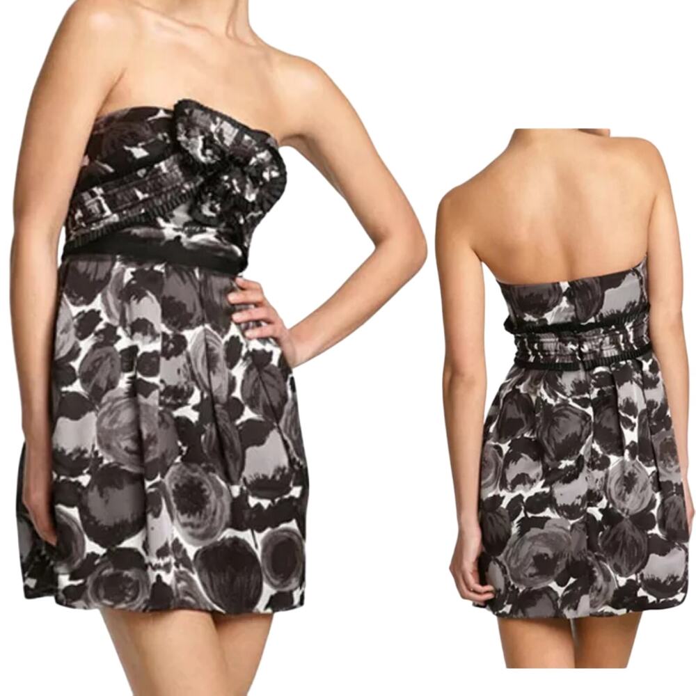 BCBGMAXAZRIA Black Combo Dress Print Rosette Tuxedo Trim Strapless Mini 02 EUC